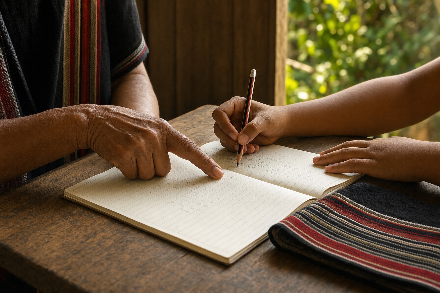 An elder and a young learner sharing a language notebook at a wooden table