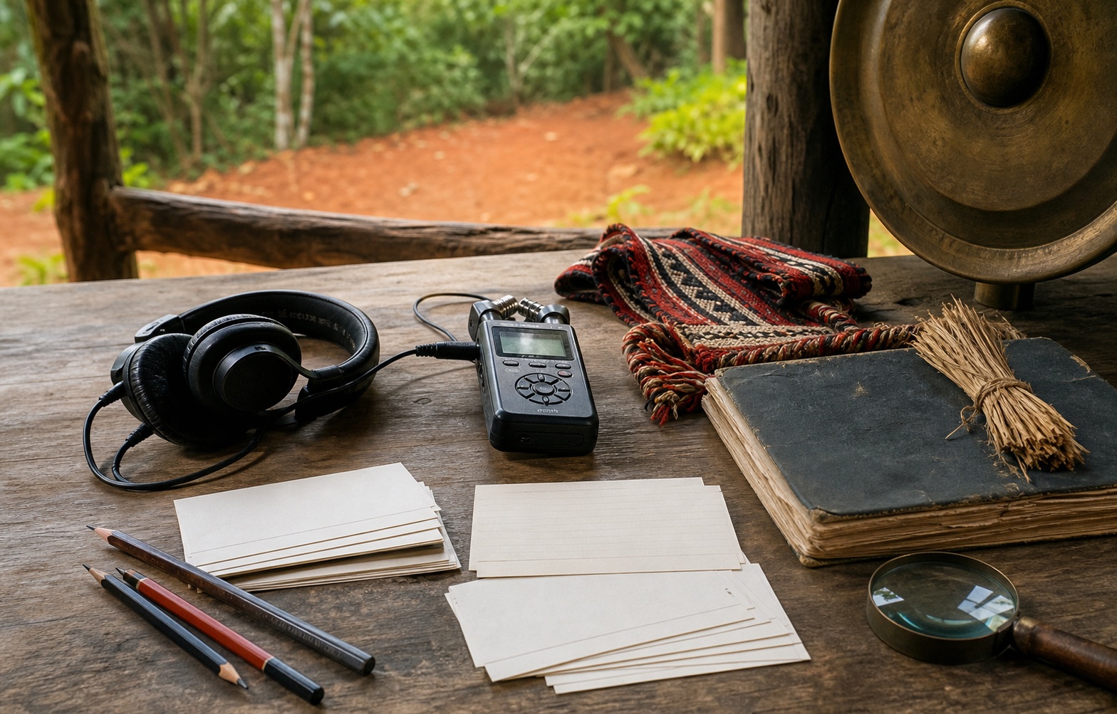 Language preservation tools, archival cards, woven textile, and a bronze gong on a wooden table