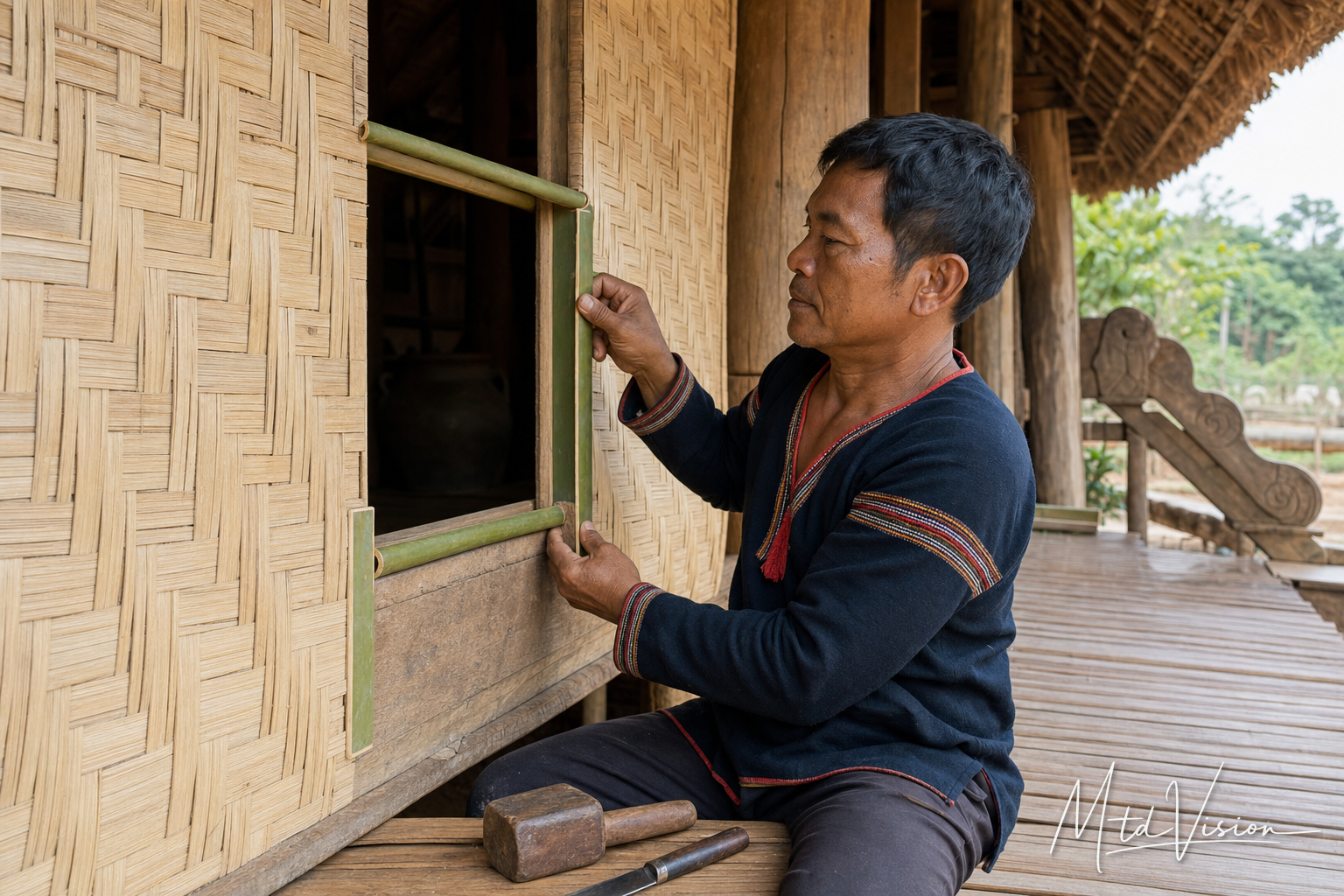 Door or window frame in a traditional house made from lengthwise-split alê bamboo fitted onto the edge of the tria mtih.