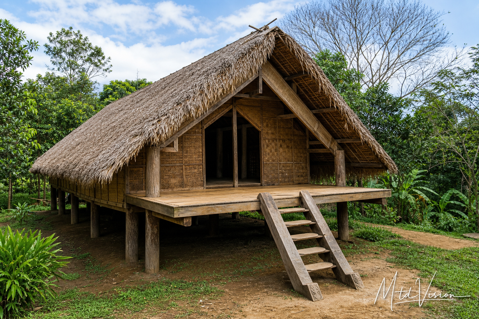 Porch; floor-level platform at front of traditional house.