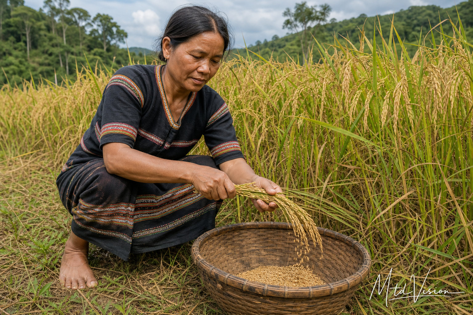 To harvest rice by stripping grains from the stalk.