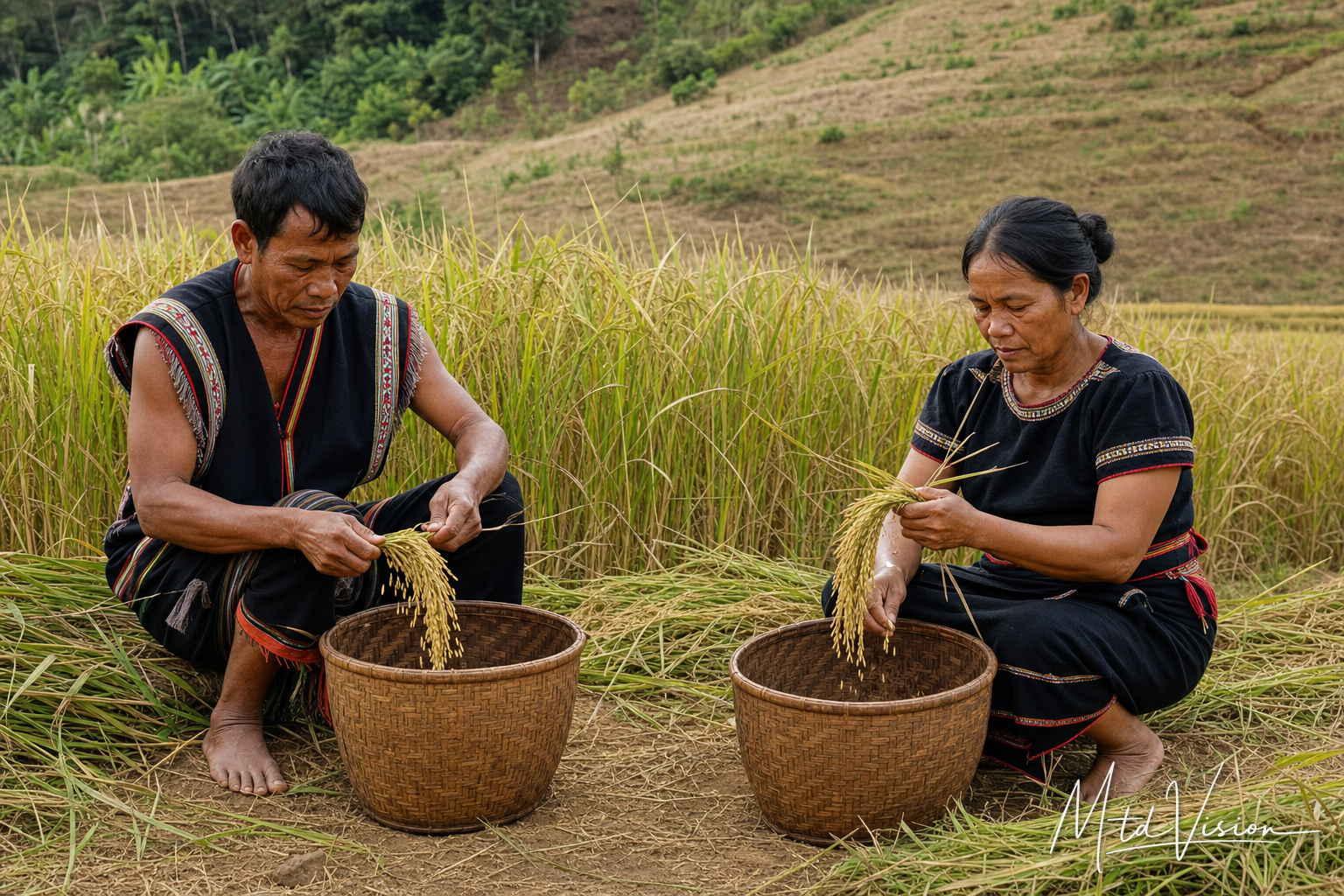 To harvest rice by stripping grains from the stalk, plural action.