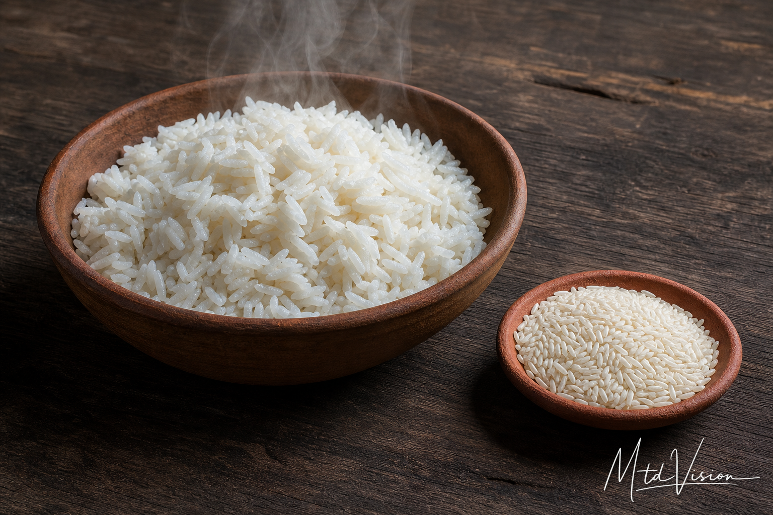 Expanded (of rice grains in cooking).