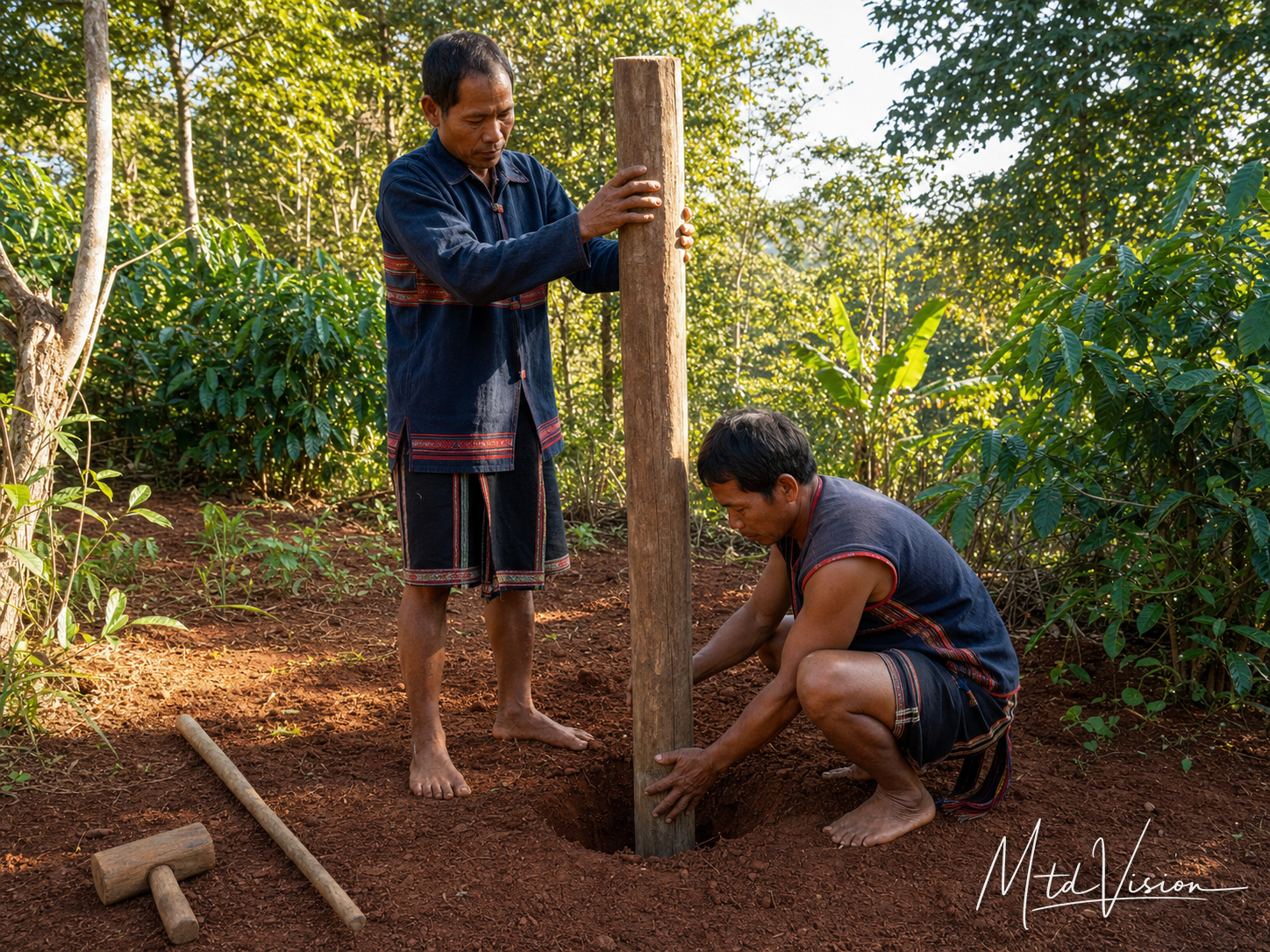 bi čhŭ: Describes placing a post or stake in the ground.