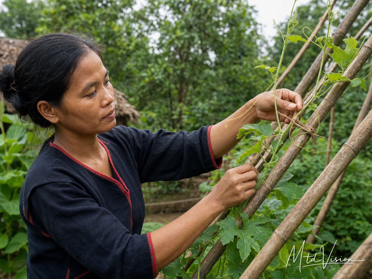 bi drung: To train a vine to grow in a certain position.