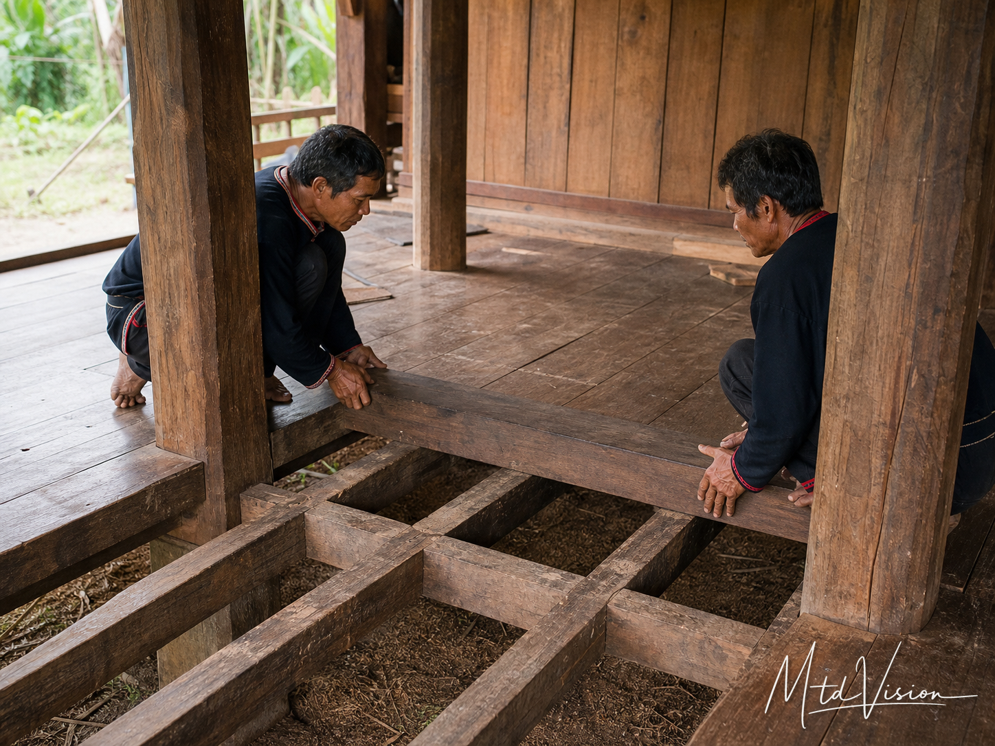 Wooden crossbeam connecting opposite house posts at floor level in a traditional house.