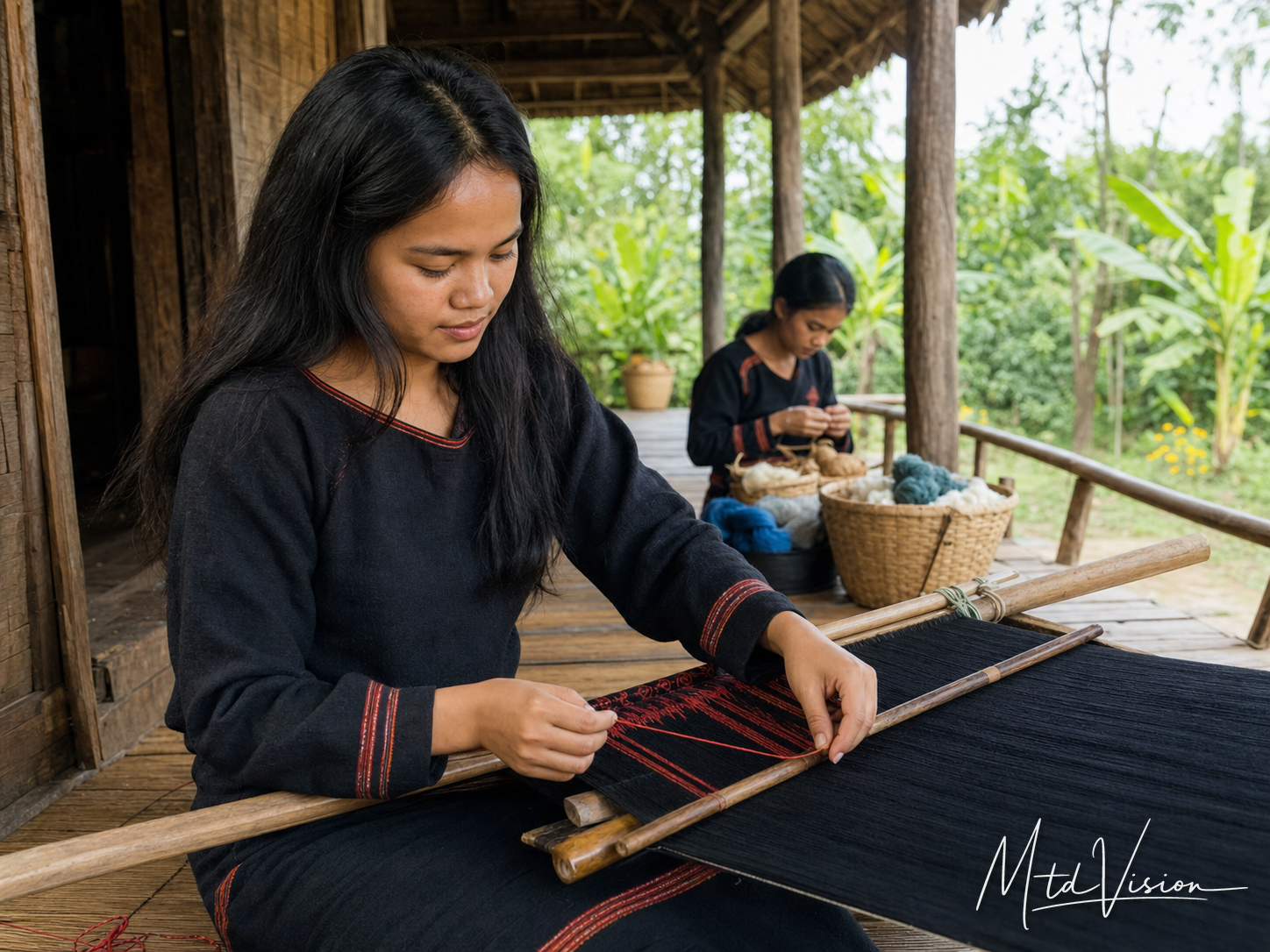 To weave thread into a design in weaving.